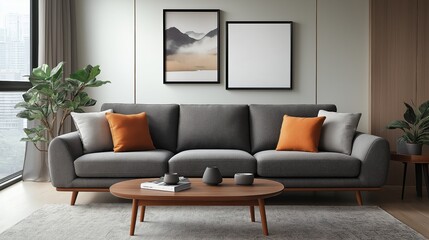 Fototapeta premium Mesa baja redonda de madera cerca del sofá y sillón contra la ventana y la pared con un marco de póster en blanco. Diseño interior escandinavo de sala de estar moderna.