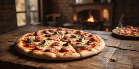 A hot pizza sits on an old wooden table with a rustic atmosphere,  food,  rustic,  dinner