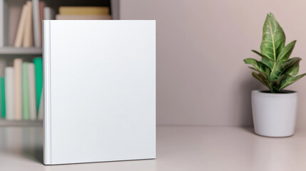 Minimalist photo of a classic white hardcover book mockup on a reading desk in a modern home library, shelves filled with books and a decorative plant