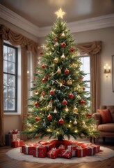 A festive Christmas tree with New Year's decorations and snowflakes in the background,  snowflakes,  festive lights,  winter holiday