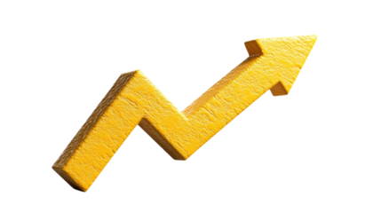 Yellow upward trend arrow isolated on transparent background, PNG