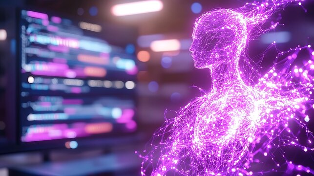 Glowing Purple Figure in a Digital Interconnected World on Screen Artificial Intelligence Concept