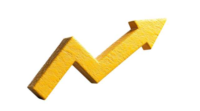Yellow upward trend arrow isolated on transparent background, PNG