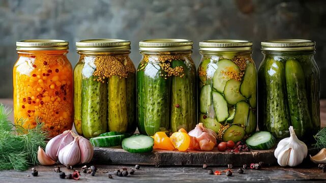 Vibrant jars of pickled vegetables and fresh ingredients in rustic kitchen setting