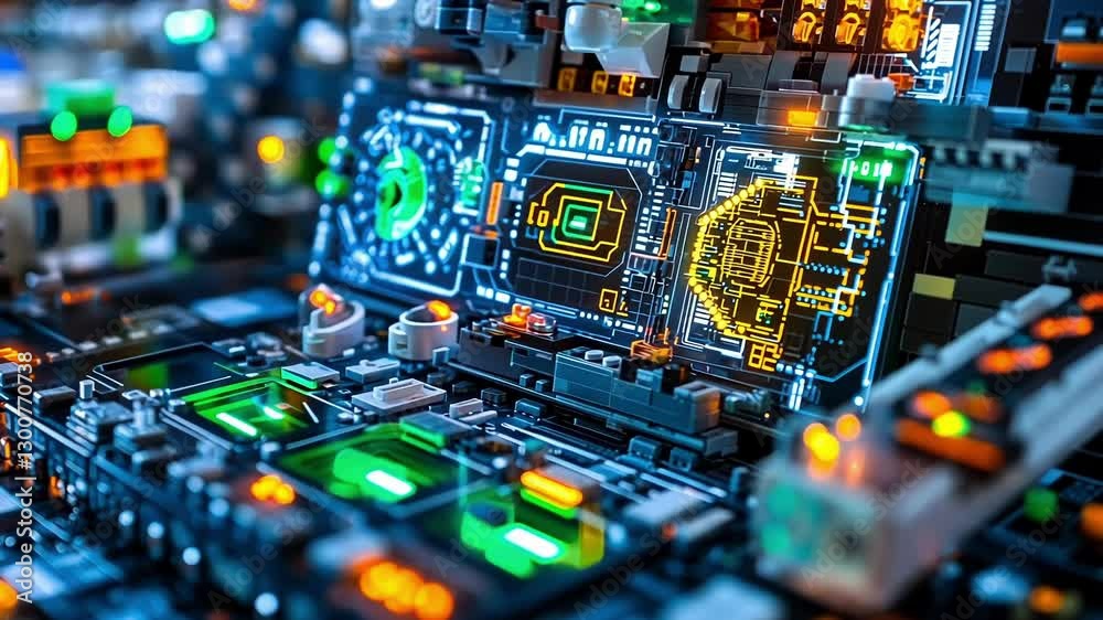 Poster futuristic quantum computing processing power showing speed and data analysis with holographic displ