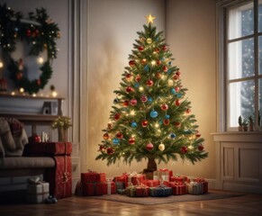 Christmas Tree decorated with lights and ornaments ,  gift,  festive,  winter