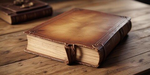 Close-up of an old book on a wooden table, yellowed pages and worn leather binding,  classic novel,  leather binding