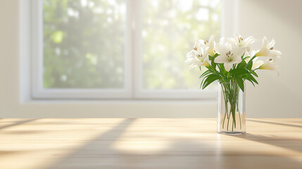 Sunlight illuminating a bouquet of white lilies in a simple glass vase on a light oak kitchen table, creating a serene and minimalist atmosphere