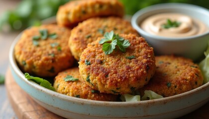 Crispy vegan falafels made from blended chickpeas, fresh herbs, and spices, served with a creamy tahini sauce