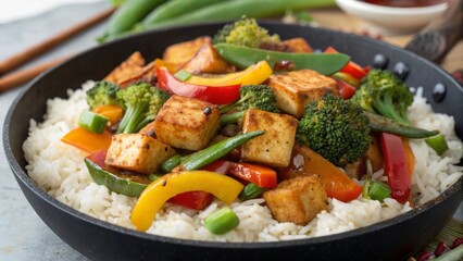A sizzling vegan stir-fry featuring crispy tofu cubes tossed with a medley of colorful vegetables like bell peppers, broccoli, and snap peas, all glazed in a savory teriyaki sauce