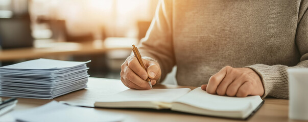 Teacher writing notes in a notebook while preparing lesson materials in a well organized teacher's lounge