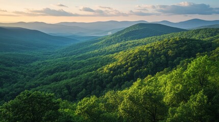 Naklejka premium Breathtaking forested mountains at sunrise with lush greenery and rolling hills