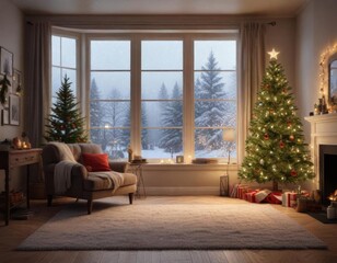 Cozy living room with festive lights and Christmas tree against a snowy window background ,  winter,  cozy