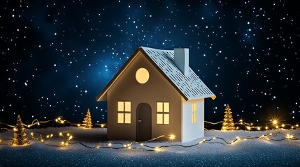 Cozy Winter Night: Illuminated Cottage Scene in Snowy Landscape AI Generated