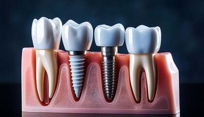 Close-up shot showcasing dental implants and healthy teeth on a model, highlighting the benefits of the technology and perfect dental health