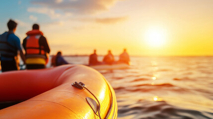 Obraz premium Inflatable lifeboat secured alongside cruise vessel, passengers donning safety gear during sunset boarding preparation