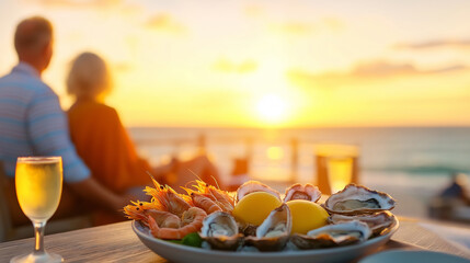 Shrimps and oysters served on plate with lemon and glass of white wine, senior couple admiring sunset in background, romantic dinner by the sea