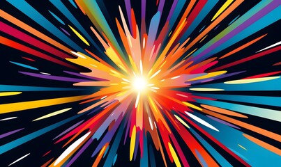 Cartoon comic sunburst illustration with colorful line. Flash explosion radial lines comic book Banner background. A vibrant explosion graphic featuring bright colors and dynamic lines