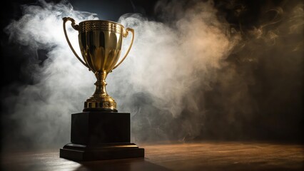 a golden trophy gleaming under dramatic lighting and a smoke-filled atmosphere