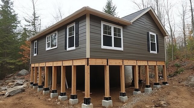 Fototapeta Modern house under construction on pier and beam foundation.
