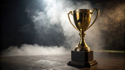a golden trophy with a black base stands majestically against a smoky background, symbolizing achievement and success