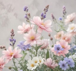 Fototapeta premium Delicate watercolor flowers in soft pastel hues , garden inspiration, soft colors
