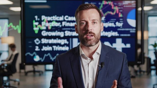 Young handsome anchorman talking looking at the camera in front of a big miìonitor.