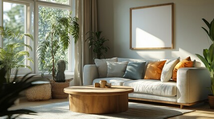 Mesa baja redonda de madera cerca del sofá y sillón contra la ventana y la pared con un marco de póster en blanco. Diseño interior escandinavo de sala de estar moderna.