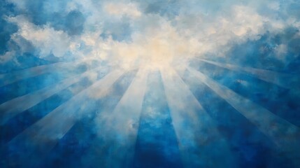 A glowing abstract banner featuring beams of light breaking through a cloudy mist, in hues of blue and white