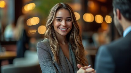 Obraz premium Young woman smiling confidently in stylish business setting