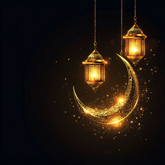 Traditional hanging lanterns and glowing golden crescent moon in a dark night sky