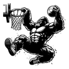 Gorilla slam dunk sketch engraving black and white outline. Scratch board imitation. illustrated in vintage line art style on a white background.