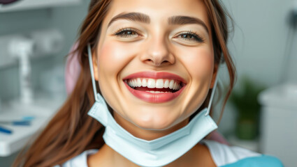 Woman at Dentist. Close up of a smiling young woman with white teeth and a lowered face mask in a dental office.