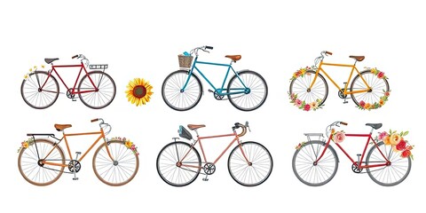 Fototapeta premium Six Vintage Bikes with Floral Decorations Summer Bicycle Collection Spring Ride