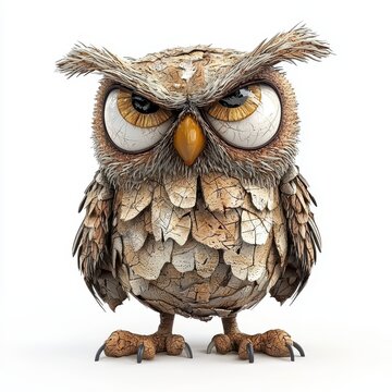 Grumpy Tan and Brown Cartoon Owl on White Background