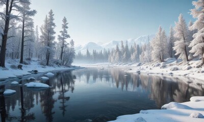 Frozen Arctic landscape with snow-covered trees, icy lake and polar bears,  Arctic landscape,  snow,  Ice age