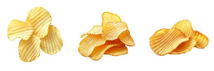 Set of a group of potato chips, Ridged potato chips isolated on a transparent background