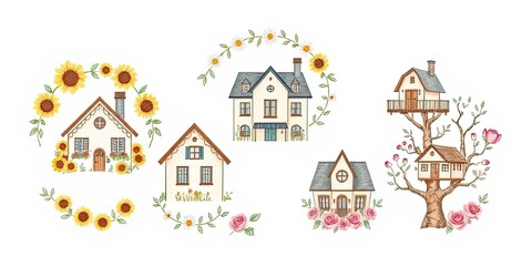 Charming Houses Sunflowers Roses Treehouse Illustration