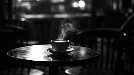 Warm steaming coffee cup on dark table in cafe setting hot life cozy mood drink black white still