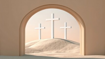 Naklejka premium three crosses silhouetted against a serene landscape, viewed through an arched doorway, symbolizing faith and spirituality