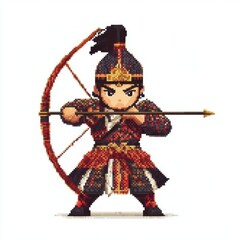Obraz premium Pixel Art Archer in Traditional Asian Attire Aiming Bow