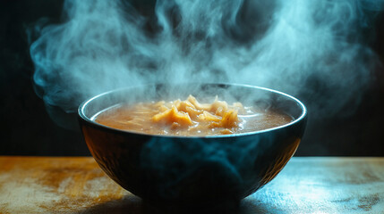 Steaming hot bowl of  homemade cabbage soup recipe eat food warm meal dark dish lunch tasty