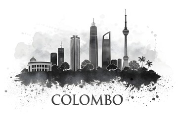 Colombo Sri Lanka Skyline BW, travel art illustration urban modern downtown landmarks skyscrapers artwork abstract architecture digital office home decor, Artistic cityscape of Colombo with iconic 