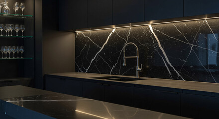 Elegant modern kitchen with black marble backsplash and LED lighting