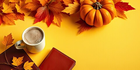 Cozy Autumn Scene Hot Drink Pumpkin Leaves Books