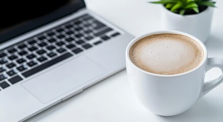 Closeup of Creamy Cappuccino with Laptop and Succulent on White Table
