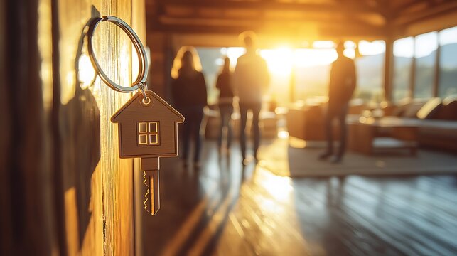 Keys to a new home, sunlight streaming in. Potential use Real estate, home sales, interior design