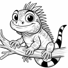Obraz premium Happy iguana resting on a tree branch. Playful outline drawing for kids' coloring fun.