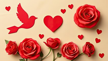 Fototapeta premium Romantic Red Roses Dove Hearts Valentines Day Love