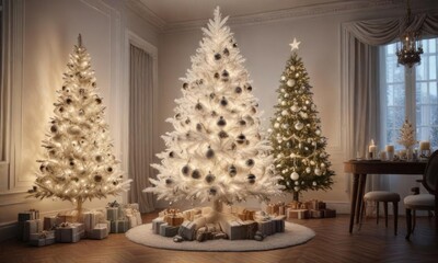 Luxurious white Christmas fir tree with ornaments and lights,  lights,  forest
